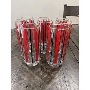 8 Vintage Anchor‎ Hocking 12 Oz 6" Red & Black Vertical Stripes Glass Tumblers